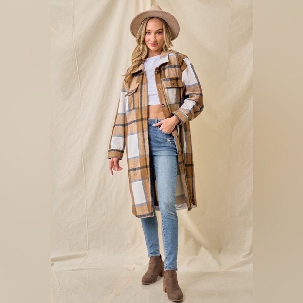 New! Brushed Long Tan Shacket with pockets - Picture 2 of 4
